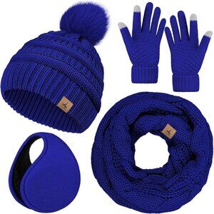 Women Blue Knit Beanie Hat, Gloves, Scarf & Ear Warmer Set - Winter
